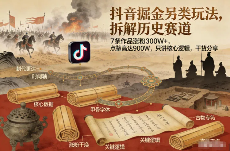 抖音掘金另类玩法，拆解历史赛道，7条作品涨粉300W+，点赞量高达900W，只讲核心逻辑，干货分享-轻创