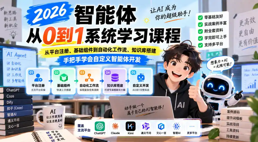 2026智能体从0到1系统学习课程，从平台注册、基础组件到自动化工作流、知识库搭建，手把手学会自定义智能体开发-豌豆轻创