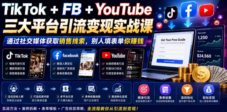 TikTok+FB+YouTube三大平台引流变现实战课，通过社交媒体获取销售线索，别人填表单你賺钱【原创双语字幕】-豌豆轻创