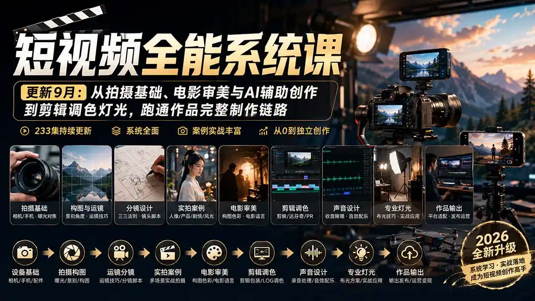 短视频全能系统课-9月完整版：从拍摄基础、电影审美与AI辅助创作到剪辑调色灯光，跑通作品完整制作链路-豌豆轻创