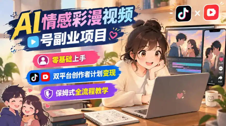 AI情感彩漫视频号副业项目，零基础上手，双平台创作者计划变现，保姆式全流程教学-豌豆轻创