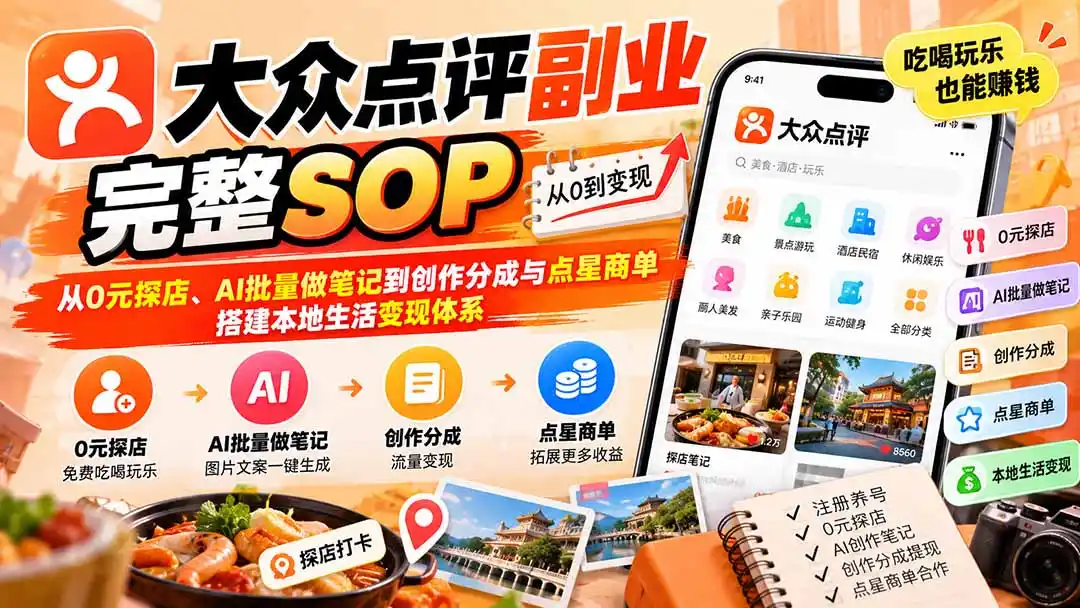 【无水印】大众点评副业完整SOP：从0元探店、AI批量做笔记到创作分成与点星商单，搭建本地生活变现体系-豌豆轻创