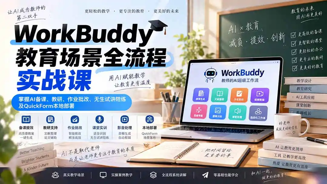 WorkBuddy教育场景全流程实战课:掌握AI备课、教研、作业批改、无生试讲陪练及QuickForm本地部署-豌豆轻创