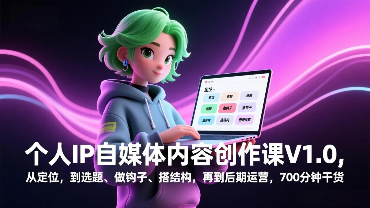 个人IP自媒体内容创作课V1.0，从定位，到选题、做钩子、搭结构，再到后期运营，700分钟干货-轻创