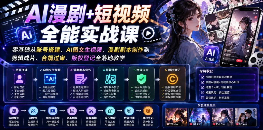 AI漫剧+短视频全能实战课｜零基础从账号搭建、AI图文生视频、漫剧剧本创作到剪辑成片、合规过审、版权登记全落地教学-豌豆轻创