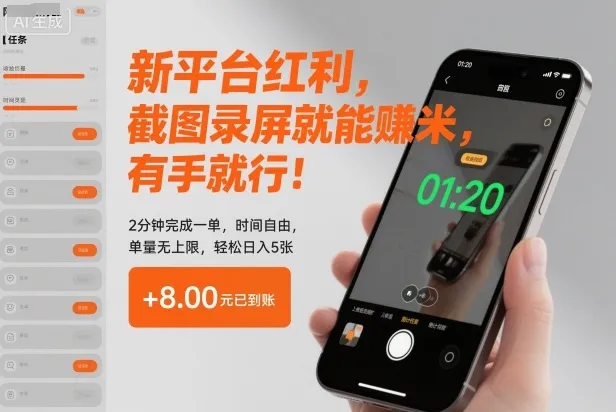 新平台红利,截图录屏就能賺米,有手就行!2分钟完成一单,时间自由,单量无上限,轻松日入5张【揭秘】-轻创
