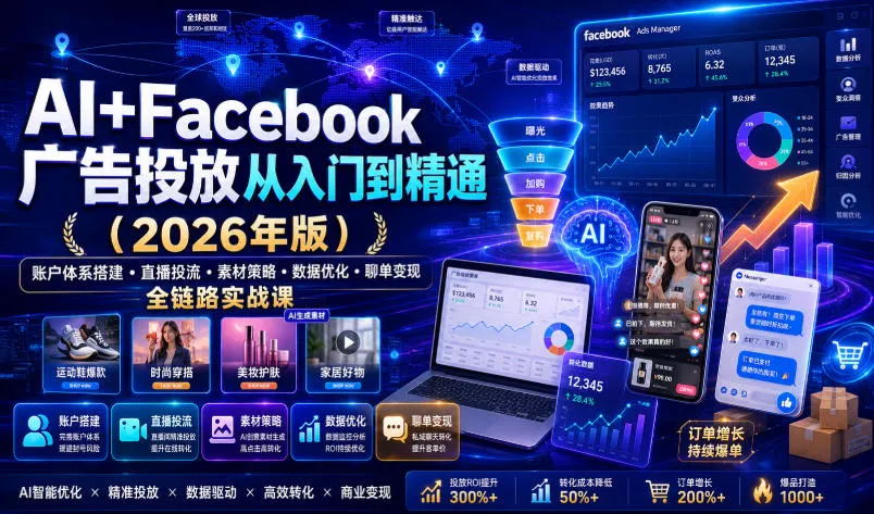 AI+Facebook广告投放从入门到精通(2026年版)|账户体系搭建・直播投流・素材策略・数据优化・聊单变现全链路实战课-豌豆轻创