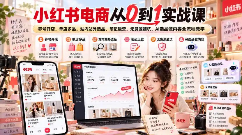 小红书电商从0到1实战课｜养号开店、单店多品、站内站外选品、笔记运营、无货源避坑、AI选品做内容全流程教学-豌豆轻创