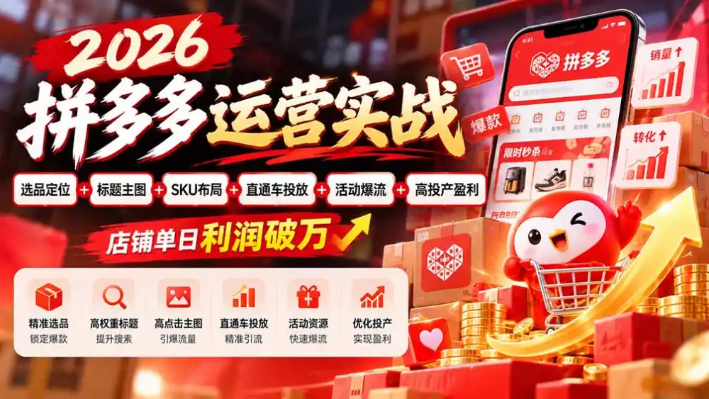 2026拼多多运营实战-更新1002：选品定位+标题主图+SKU布局+直通车投放+活动爆流+高投产盈利 店铺单日利润破万-豌豆轻创