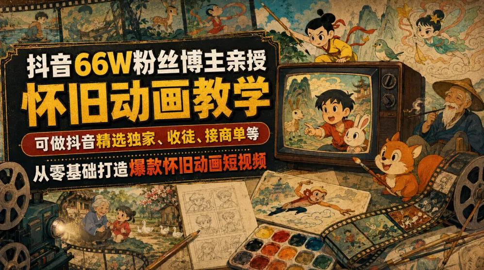 抖音66W粉丝博主亲授怀旧动画教学，可做抖音精选独家、收徒、接商单等，从零基础打造爆款怀旧动画短视频-豌豆轻创