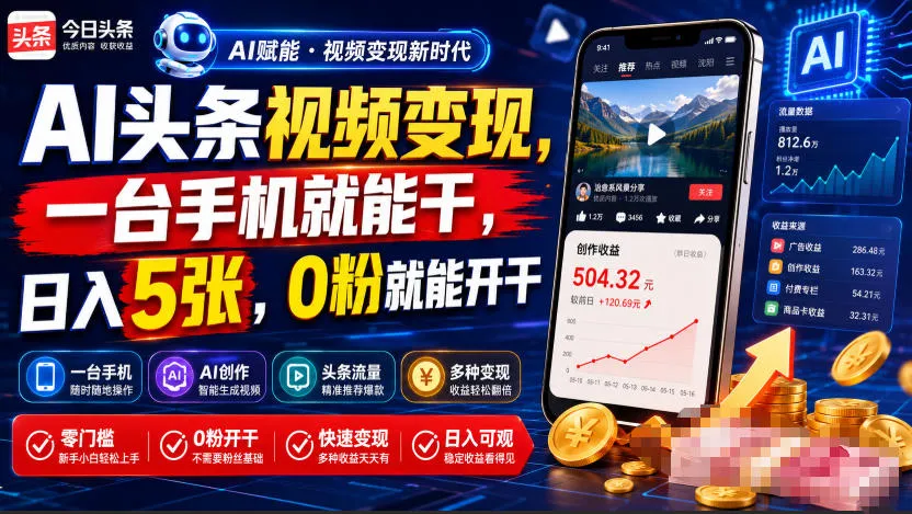 AI头条视频变现，一台手机就能干，日入5张，0粉就能开干-豌豆轻创