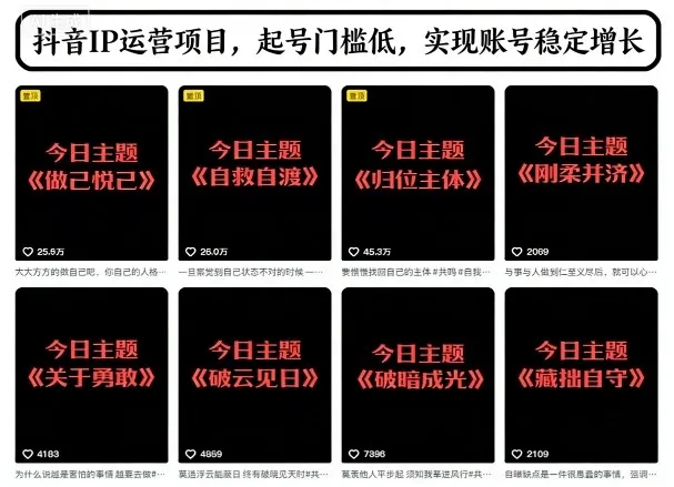 抖音IP运营项目，抖音今日主题玩法，起号门槛低，实现账号稳定增长-轻创