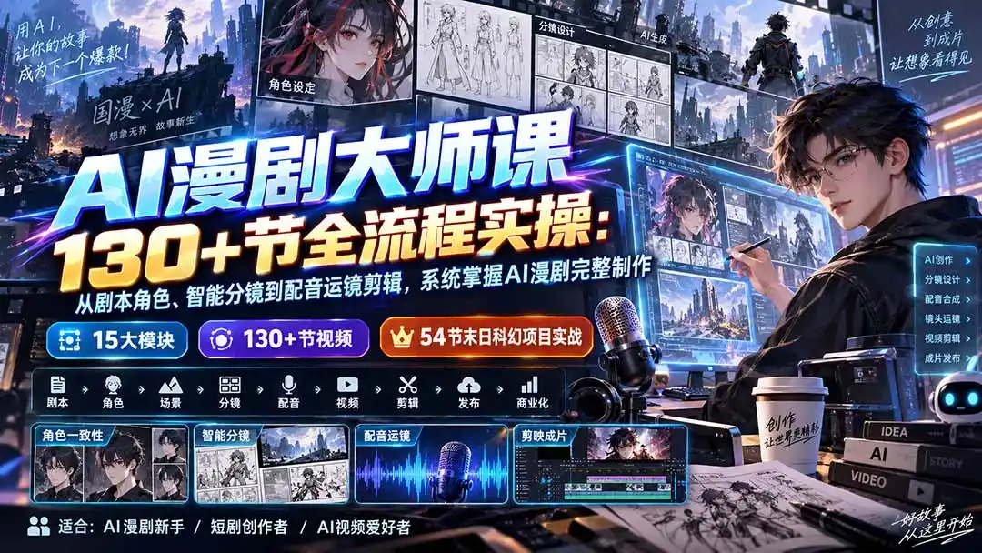 AI漫剧大师课130+节全流程实操：从剧本角色、智能分镜到配音运镜剪辑，系统掌握AI漫剧完整制作-豌豆轻创