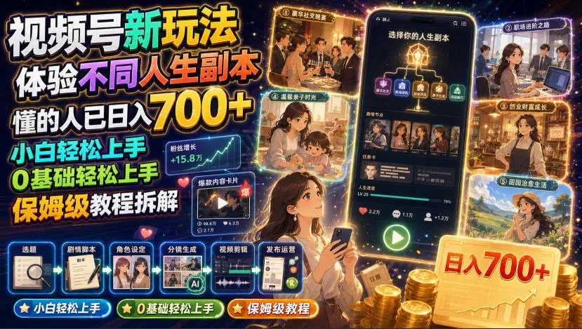 视频号新玩法体验不同人生副本,懂的人已日入700+,小白轻松上手,0基础轻松上手,保姆级教程拆解-豌豆轻创