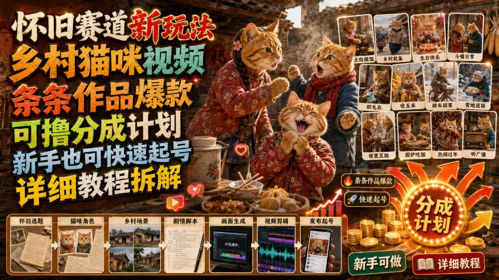 怀旧赛道新玩法,乡村猫咪视频,条条作品爆款,可撸分成计划,新手也可快速起号,详细教程拆解-豌豆轻创