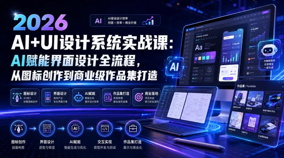 2026 AI+UI设计系统实战课：AI赋能界面设计全流程，从图标创作到商业级作品集打造-豌豆轻创