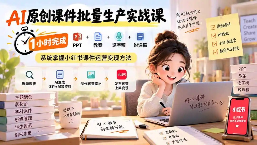 AI原创课件批量生产实战课：1小时完成PPT+教案+逐字稿+说课稿，系统掌握小红书课件运营变现方法-豌豆轻创