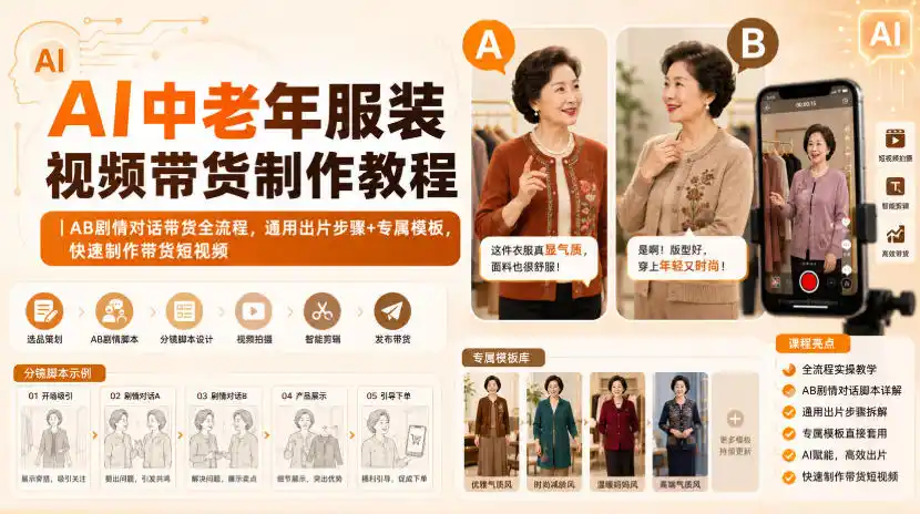 AI中老年服装视频带货制作教程|AB剧情对话带货全流程,通用出片步骤+专属模板,快速制作带货短视频-豌豆轻创