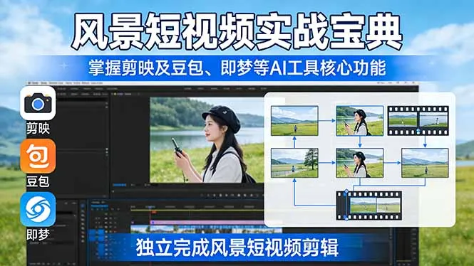 风景短视频实战宝典：掌握剪映及豆包、即梦等AI工具的核心功能，独立完成风景短视频剪辑-豌豆轻创