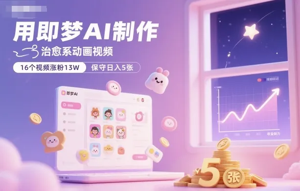用即梦AI制作治愈系动画视频,16个视频涨粉13W,保守日入5张-轻创