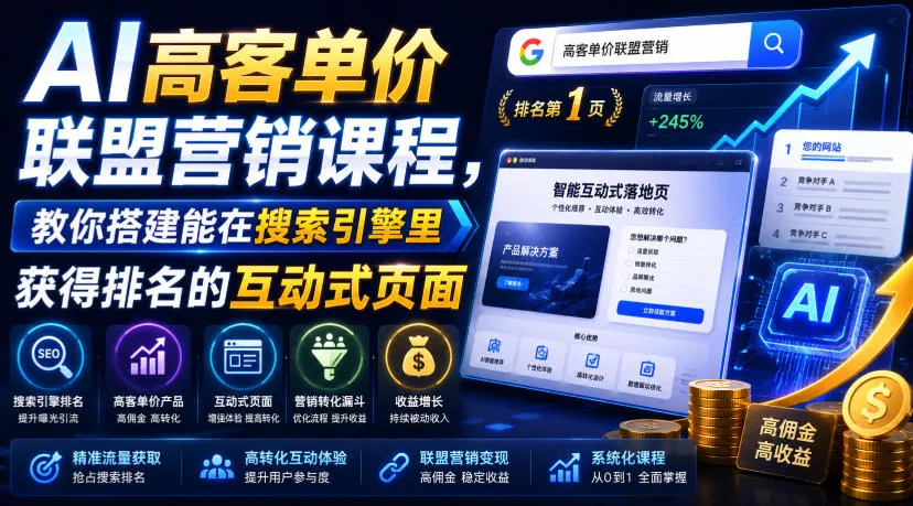 AI高客单价联盟营销课程，教你搭建能在搜索引擎里获得排名的互动式页面，引来流量，把访客转化为高佣金的成交【原创双语字幕】-豌豆轻创