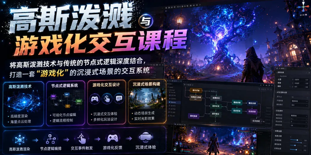 高斯泼溅与游戏化交互课程，将高斯泼溅技术与传统的节点式逻辑深度结合，打造一套“游戏化”的沉浸式场景的交互系统-豌豆轻创