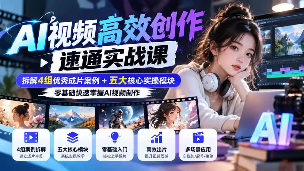 【无水印】AI视频高效创作速通实战课：拆解4组优秀成片案例+五大核心实操模块，零基础快速掌握AI视频制作-豌豆轻创