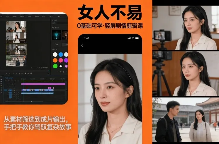 0基础可学！《女人不易》竖屏剧情剪辑课，从素材筛选到成片输出，手把手教你驾驭复杂故事-轻创