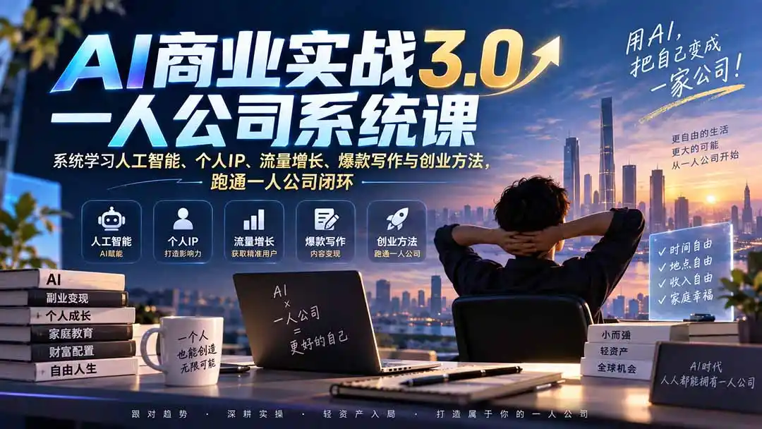 AI商业实战3.0一人公司系统课：系统学习人工智能、个人IP、流量增长、爆款写作与创业方法，跑通一人公司闭环-豌豆轻创