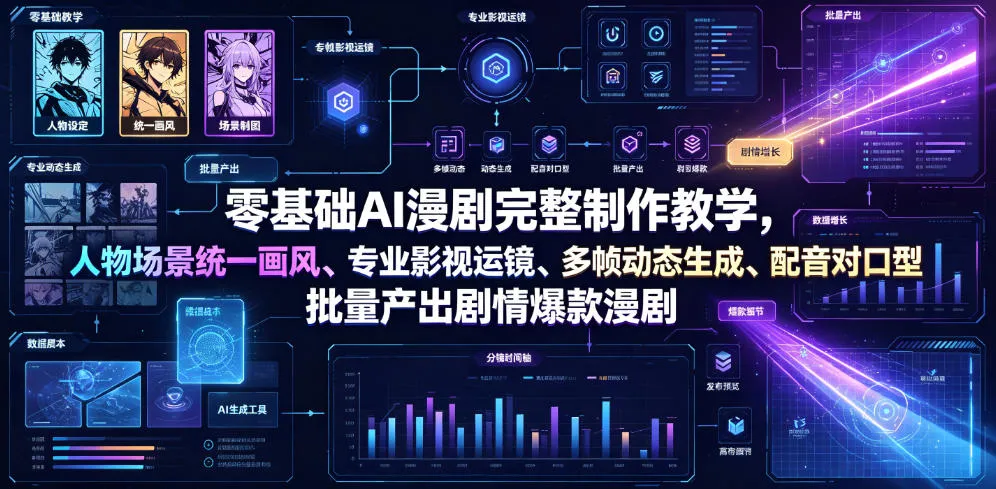 零基础AI漫剧完整制作教学，人物场景统一画风、专业影视运镜、多帧动态生成、配音对口型，批量产出剧情爆款漫剧-豌豆轻创