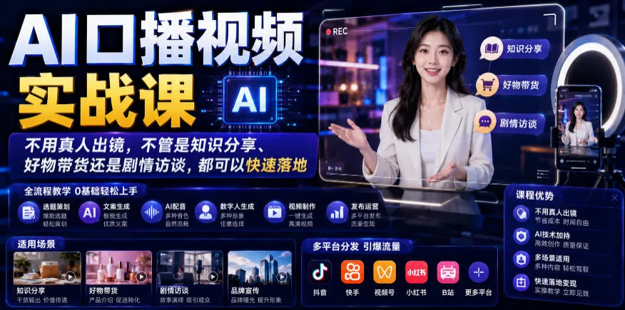 AI口播视频实战课，不用真人出镜，不管是知识分享、好物带货还是剧情访谈，都可以快速落地-豌豆轻创