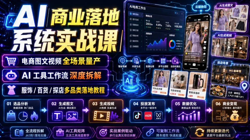 AI商业落地系统实战课｜电商图文视频全场景量产・AI工具工作流深度拆解・服饰/百货/探店多品类落地教程-豌豆轻创