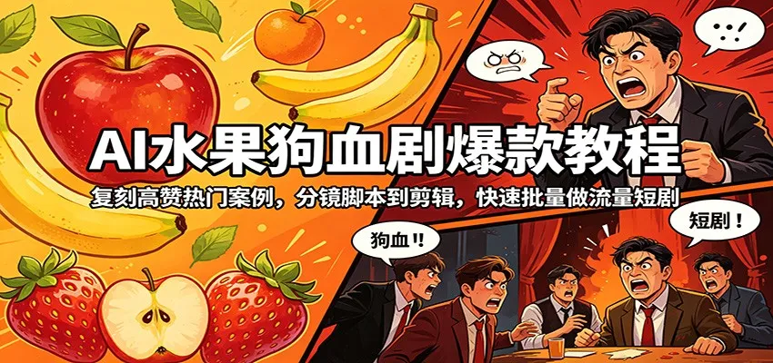 AI水果狗血剧爆款教程：复刻高赞热门案例，分镜脚本到剪辑，快速批量做流量短剧-豌豆轻创
