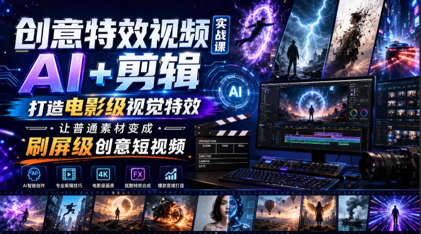 创意特效视频实战课，AI+剪辑打造电影级视觉特效，让普通素材变成刷屏级创意短视频-豌豆轻创