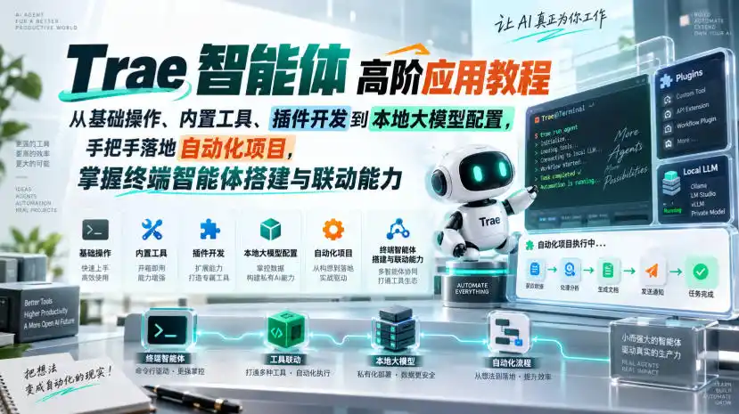 Trae智能体高阶应用教程，从基础操作、内置工具、插件开发到本地大模型配置，手把手落地自动化项目-豌豆轻创