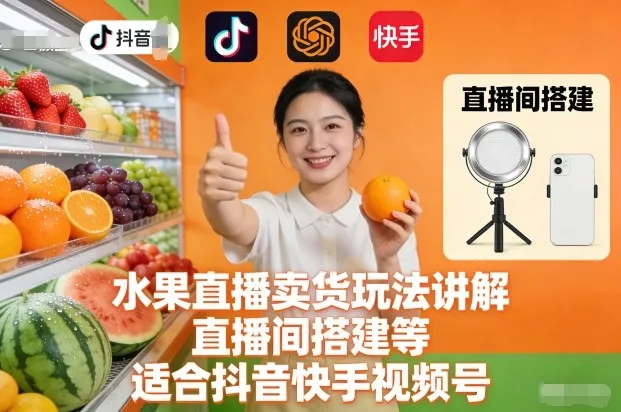 水果直播卖货玩法讲解、直播间搭建等，适合抖音快手视频号-轻创
