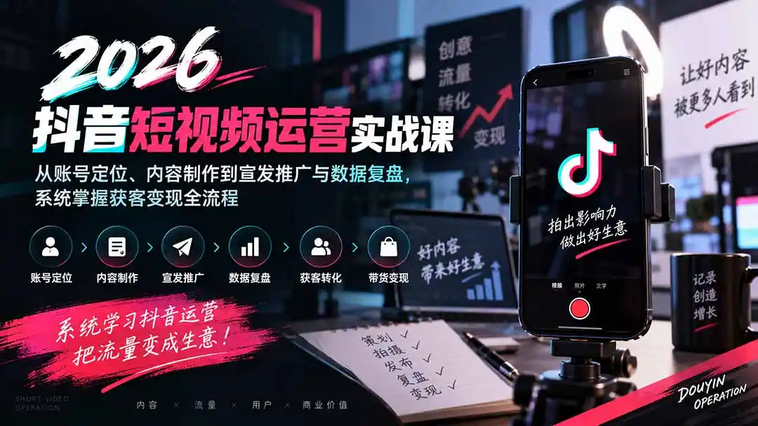 2026抖音短视频运营实战课：从账号定位、内容制作到宣发推广与数据复盘，系统掌握获客变现全流程-豌豆轻创