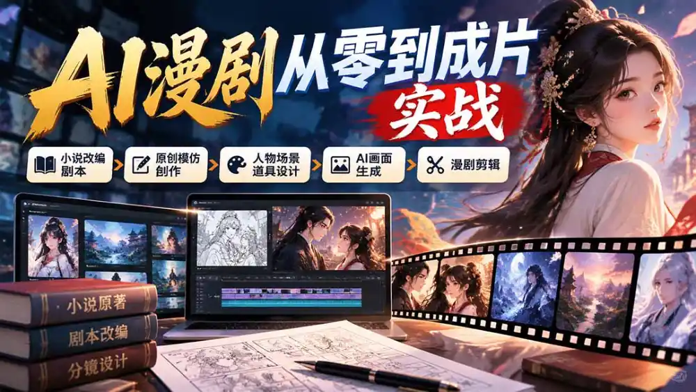 AI漫剧从零到成片实战：小说改编剧本、原创模仿创作、人物场景道具设计、AI画面生成与漫剧剪辑-豌豆轻创