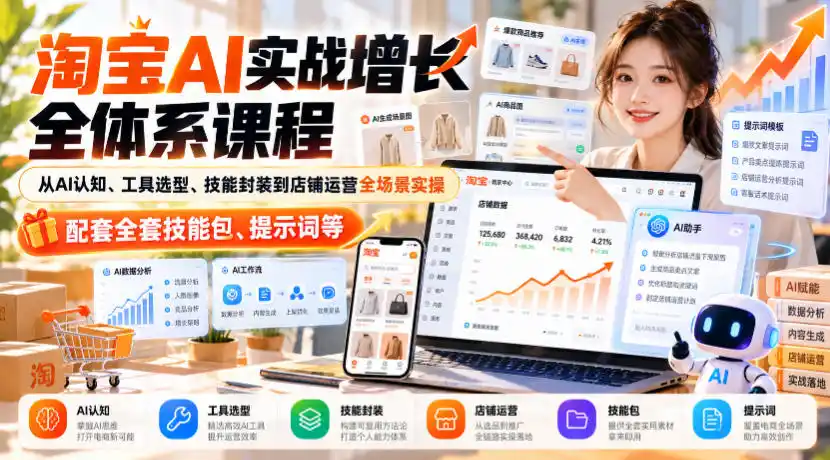 淘宝AI实战增长全体系课程，从AI认知、工具选型、技能封装到店铺运营全场景实操，配套全套技能包、提示词等-豌豆轻创
