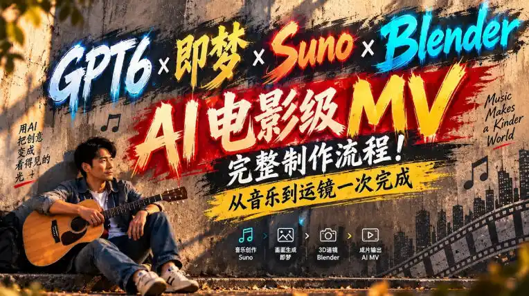 GPT6×即梦×Suno×Blender|AI电影级MV完整制作流程!从音乐到运镜一次完成!-豌豆轻创