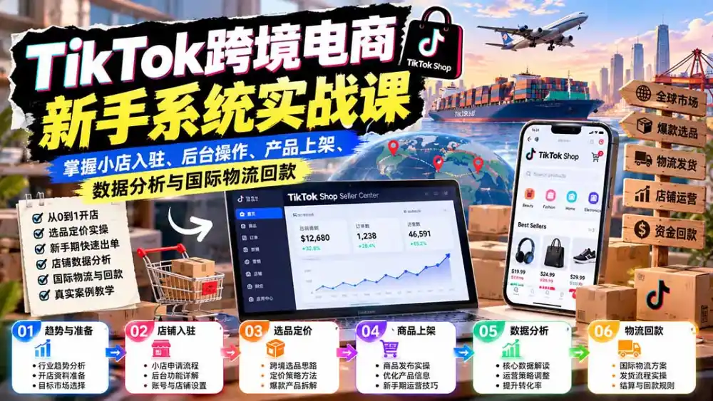 TikTok跨境电商新手系统实战课：掌握小店入驻、后台操作、产品上架、数据分析与国际物流回款-豌豆轻创
