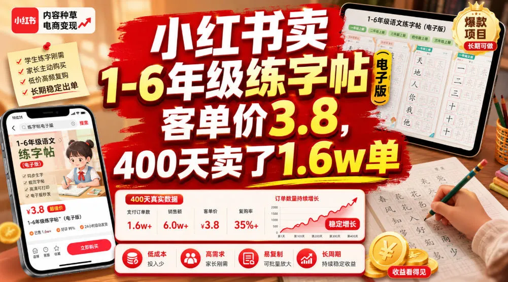 小红书卖1-6年级练字帖(电子版)，客单价3.8，400天卖了1.6w单-豌豆轻创