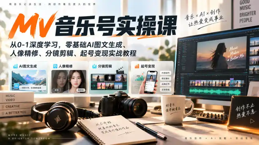 AI MV音乐号实操课，从0-1深度学习，零基础AI图文生成、人像精修、分镜剪辑、起号变现实战教程-豌豆轻创