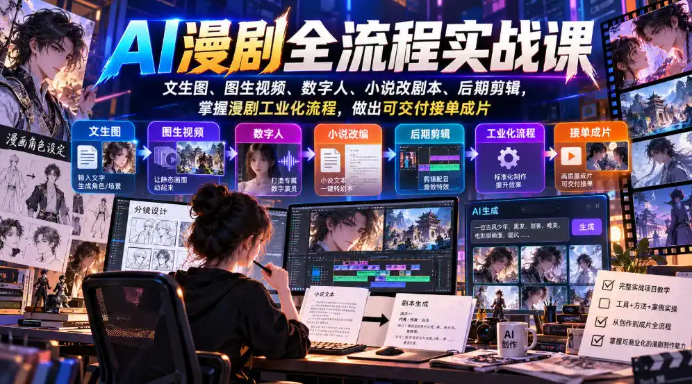 AI漫剧全流程实战课，文生图、图生视频、数字人、小说改剧本、后期剪辑，掌握漫剧工业化流程，做出可交付接单成片-豌豆轻创