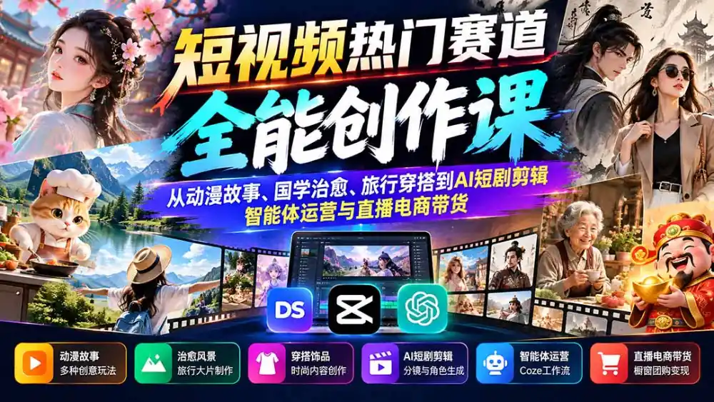 短视频热门赛道全能创作课：从动漫故事、国学治愈、旅行穿搭到AI短剧剪辑、智能体运营与直播电商带货-豌豆轻创