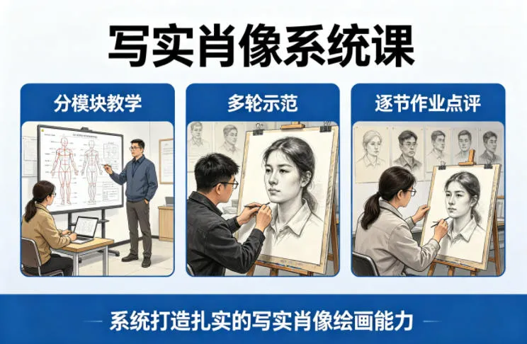 写实肖像系统课，全程分模块教学+多轮示范+逐节作业点评，系统打造扎实的写实肖像绘画能力-豌豆轻创
