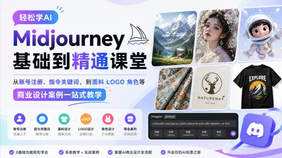 轻松学AI Midjourney基础到精通课堂，从账号注册、指令关键词，到面料LOGO角色等商业设计案例一站式教学-豌豆轻创