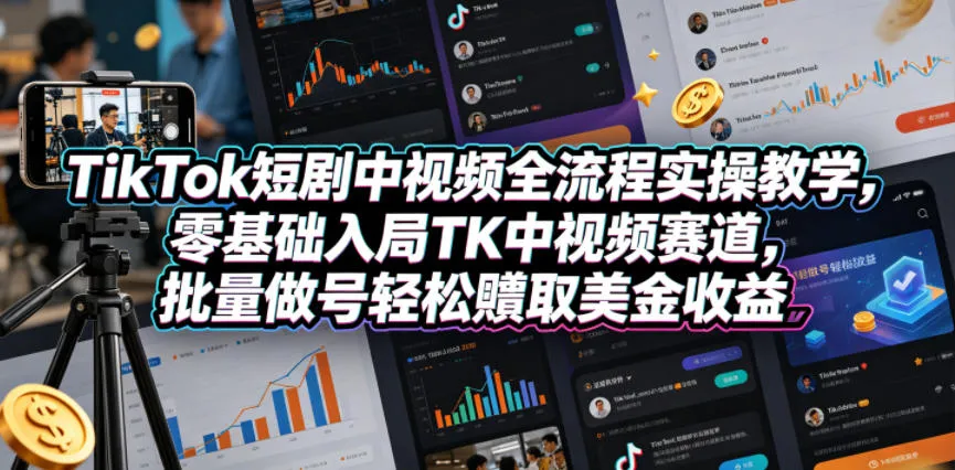TikTok短剧中视频全流程实操教学，零基础入局TK中视频赛道，批量做号轻松賺取美金收益-豌豆轻创