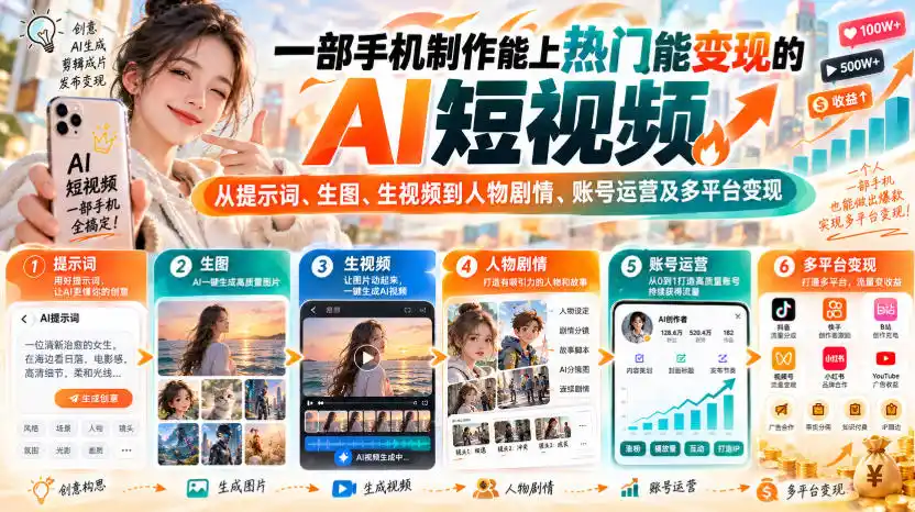 【无水印】一部手机制作能上热门能变现的AI短视频，从提示词、生图、生视频到人物剧情、账号运营及多平台变现-豌豆轻创