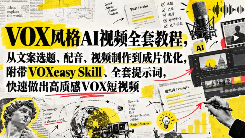 VOX风格AI视频全套教程，从文案选题、配音、视频制作到成片优化，附带VOXeasy Skill、全套提示词，快速做出高质感VOX短视频-豌豆轻创